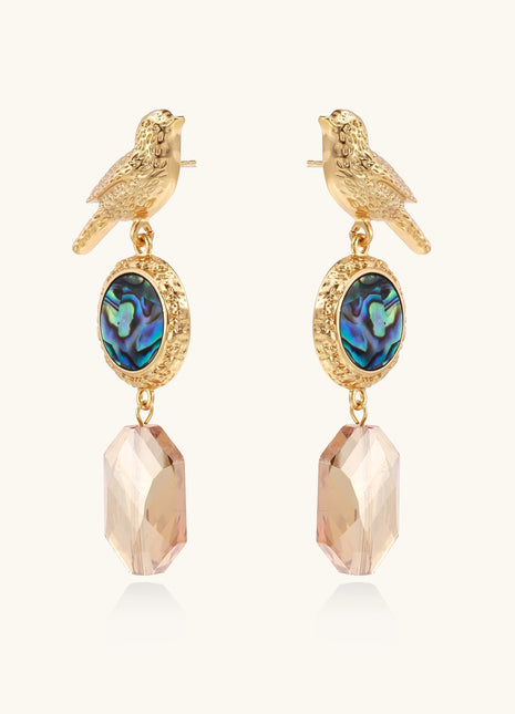 Gold-plated bird dangle earrings with iridescent abalone shell discs and champagne crystal drops on white background.