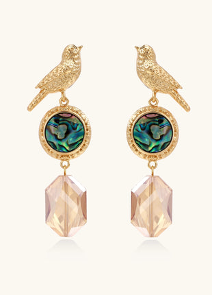 Gold-plated bird dangle earrings with iridescent abalone shell discs and champagne crystal drops on white background.