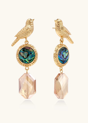 Gold-plated bird dangle earrings with iridescent abalone shell discs and champagne crystal drops on white background.