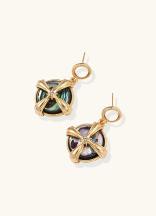 Gold-plated drop earrings with cross design framing iridescent abalone shell and pearl studs on neutral background.