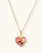 Gold-plated heart pendant necklace with pink enamel rose design and freshwater pearl on adjustable chain