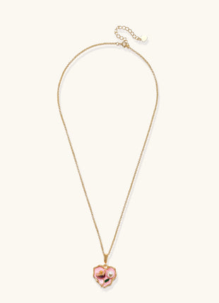 Gold-plated heart pendant necklace with pink enamel rose design and freshwater pearl on adjustable chain