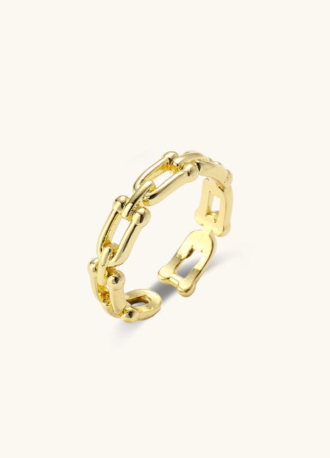 Two gold-plated rings with cubic zirconia halo design and chain-link band on white background, adjustable sizing.
