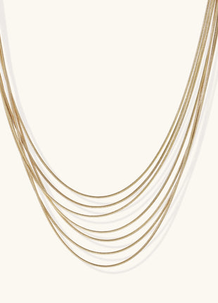 Multiple delicate gold-plated snake chains in graduated lengths on white background, adjustable layered necklace design.