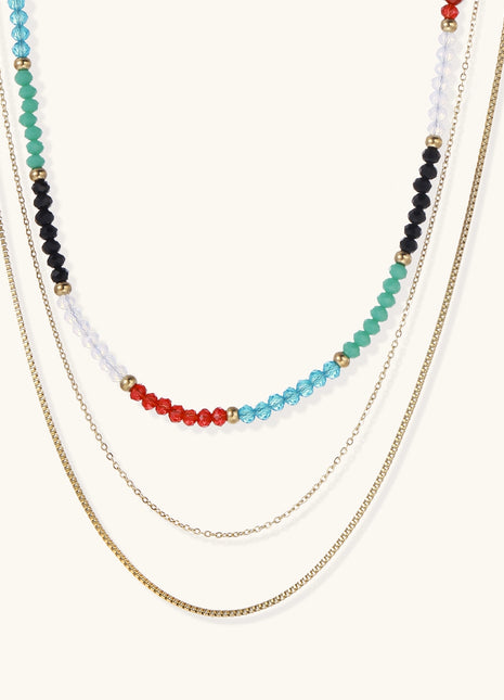 Layered gold-plated necklace set featuring colorful crystal beads in turquoise, green, black, red, and clear tones