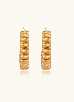 Gold-plated stainless steel earrings with twisted rope texture in various hoop sizes on neutral background.