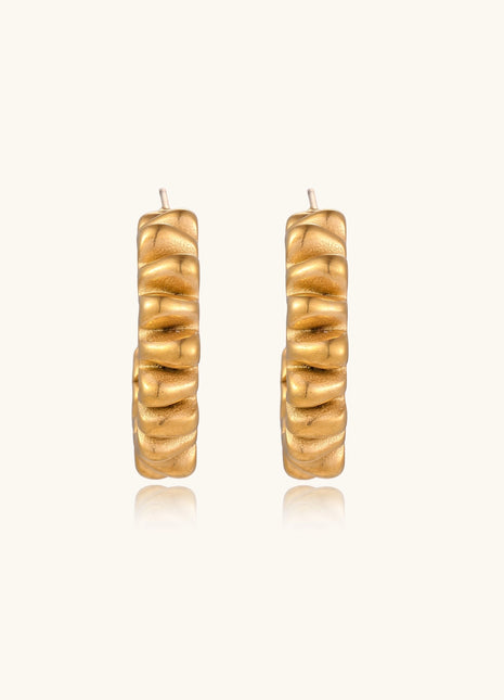 Gold-plated stainless steel earrings with twisted rope texture in various hoop sizes on neutral background.