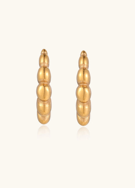 Gold-plated stainless steel hoop earrings with segmented bubble design and post closure on white background