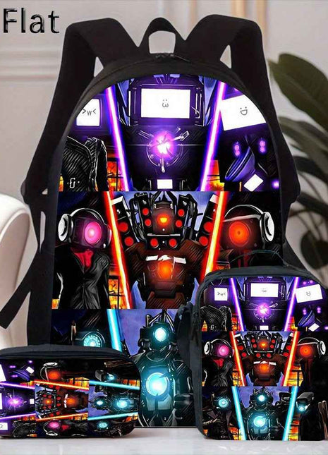 3 pezzi [2D Plat] Zaino Skibidi per bagno con astuccio e borsa messenger pranzo, zaino scuola grande capacità per uomini e donne, ideale per il pendolarismo quotidiano, zaino computer - borsa per pendolari uomo donna