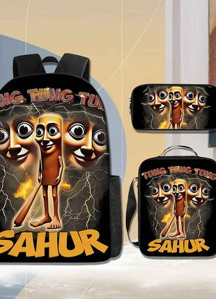 3 pezzi set di zaino stampato stile italiano Tung Tung Sahu, grande capacità per la scuola, borsa a tracolla e astuccio per matite