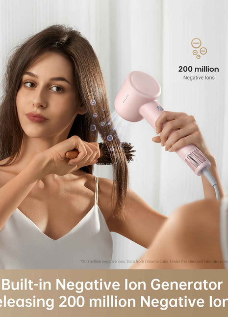 Dreame Hair Dryer Gleam, Fast Hair Drying, Lightweight Design, 0.73lbs, 200 Million Negative Ions For Smooth Hair, Temperature And Air Flow Control, Portable, Pink