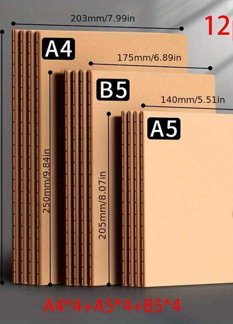 Set di 12 quaderni con copertina in carta kraft - Set di quaderni assortiti in formato A4, A5, B5 per studenti, con pagine a righe, forniture scolastiche, cancelleria da ufficio, blocchi per appunti dal design semplice