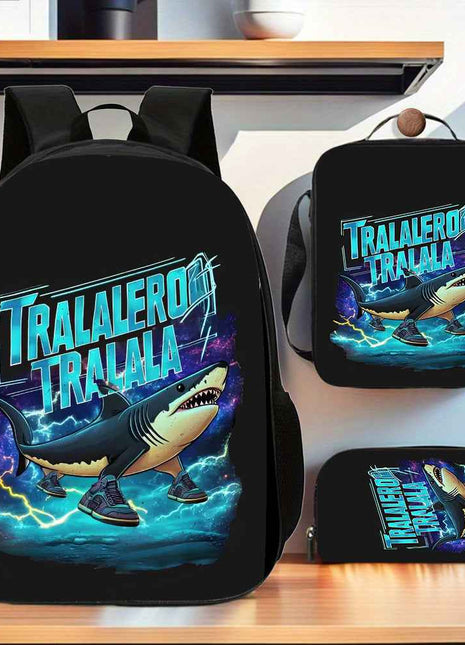 3 Pezzi Tralalero Tralala&Italian Brainrot Set Zaino, Borsa in Poliestere per Uomini e Donne, 1*Borsa Pranzo, 1*Astuccio Portapenne, Spallacci Regolabili, Doppie Cerniere, Ideale per Pendolarismo, Viaggi e Attività All'Aperto