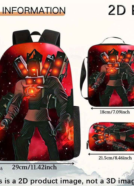 3pezzo [2D Plat] Skibidi Zaino da Toilet Tre Pezzi, Incluso Zaino Scuola Zaino Pranzo e Custodia Matita, Zaino Scuola Studente Carino di Grande Capacità e Resistente, Zaino per Laptop, Grande Capacità, Molto Adatto per i Giornali di Commutazione