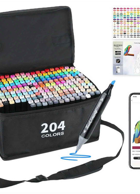 204 pennarelli a pennello e a punta fine - Punta media, non tossici, colori vibranti per dipingere, colorare, schizzare, disegnare - Regalo perfetto per artisti e principianti, pennarelli per l'arte, essenziali per il disegno, design a punta a pennello, c