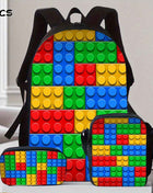 3 Pezzi Set di Zaino con Mattoncini: Include un Grande Zaino, Astuccio per Penne e Borsa Pranzo con Cerniera e Spallacci Regolabili, Ideale come Regalo per Viaggi e Pendolarismo