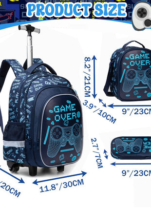 3 pezzi Zaino rotolante per ragazzi con ruote - Design blu e bianco Game Over, include borsa per il pranzo, astuccio per matite e altro - Valigetta in poliestere resistente per la scuola, i viaggi o il ritorno a scuola | Valigetta per bambini elegante | C
