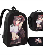 Set di tre pezzi con personaggio di anime con occhi rossi, leggero e resistente, stile cartone animato carino include zaino, borsa pranzo e astuccio per matite in un set regalo di Natale, adatto per i viaggi quotidiani, per adolescenti