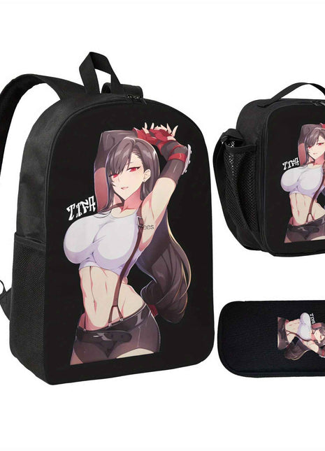 Set di tre pezzi con personaggio di anime con occhi rossi, leggero e resistente, stile cartone animato carino include zaino, borsa pranzo e astuccio per matite in un set regalo di Natale, adatto per i viaggi quotidiani, per adolescenti