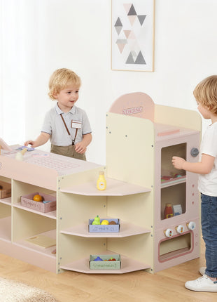 Aiyaplay Supermercato giocattolo in legno con distributore automatico registratore di cassa 3 ripiani aperti 4 scomparti Rosa - riparo82