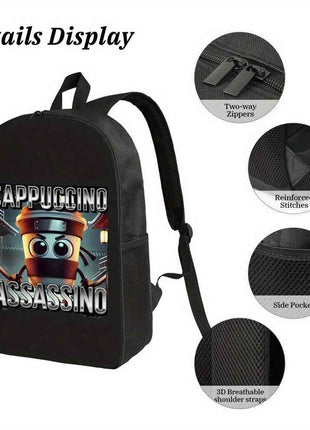 Set di tre borse scolastiche Cappuccino Assassino con design Ninja compatto, resistente, carino, in stile cartone animato, comprensivo di zaini, borse pranzo, astucci per matite, adatto per portare quando si esce - un set di borse scolastiche in questo st
