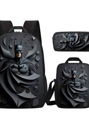 WB Set di 3 Pezzi Zaino Batman Cartoon per Uomini e Donne, Inclusa Borsa Scolastica, Astuccio Portapenne e Lunch Box. Zaino Studentesco Adatto a Entrambi i Generi, Grande Capacità per Pendolarismo Quotidiano Non Contatto Alimentare