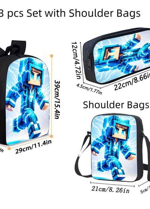 Set di 3 zaini unisex - Design mini artigianale con cinturino regolabile, chiusura a zip e arte pixel vibrante - Perfetto per la scuola, i viaggi e il campeggio - Include zaino, borsa a tracolla e custodia per matite