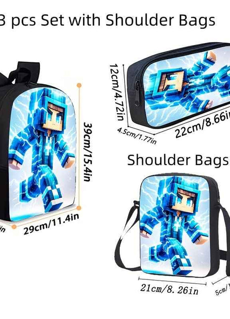 Set di 3 zaini unisex - Design mini artigianale con cinturino regolabile, chiusura a zip e arte pixel vibrante - Perfetto per la scuola, i viaggi e il campeggio - Include zaino, borsa a tracolla e custodia per matite