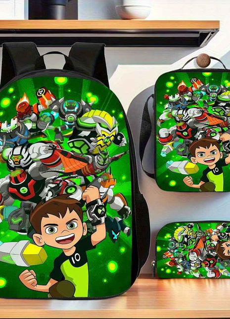 Set di 3 pezzi di zaino Ben 10, 1*borsa per il pranzo, 1*penne, organizzatore da viaggio di grande capacità, chiusura con cerniera, perfetto per regali di vacanza o compleanno