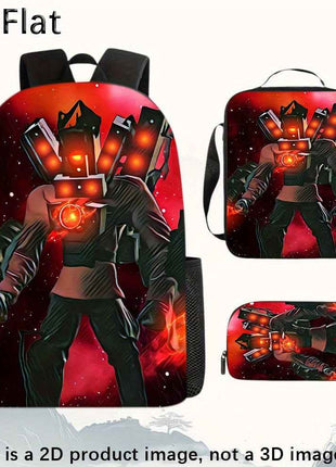 3pezzo [2D Plat] Skibidi Zaino da Toilet Tre Pezzi, Incluso Zaino Scuola Zaino Pranzo e Custodia Matita, Zaino Scuola Studente Carino di Grande Capacità e Resistente, Zaino per Laptop, Grande Capacità, Molto Adatto per i Giornali di Commutazione