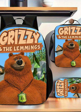 Grizzy e i Lemmings Set di 3 Pezzi Zaino alla Moda, Borsa Pranzo e Astuccio con Spalline Regolabili e Borsetta a Zip Grande Capacità, Completo Ideale per Scuola e Viaggi