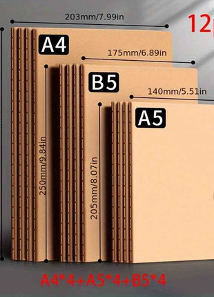 Set di 12 quaderni con copertina in carta kraft - Set di quaderni assortiti in formato A4, A5, B5 per studenti, con pagine a righe, forniture scolastiche, cancelleria da ufficio, blocchi per appunti dal design semplice