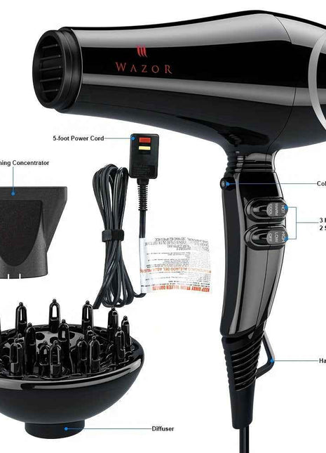Pro Ionic 1875W Hair Dryer - Hair Dryers with Diffuser and Concentrator for Fast Drying, Less Frizz, and Shine, 3 Heat/2 Speed Settings, AC Motor, ALCI Plug, and Black Color