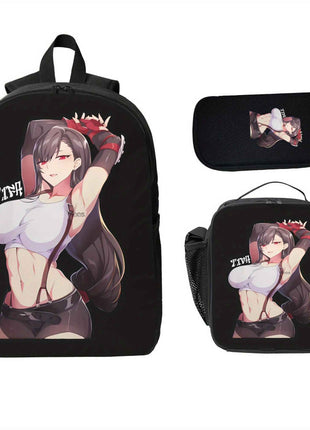 Set di tre pezzi con personaggio di anime con occhi rossi, leggero e resistente, stile cartone animato carino include zaino, borsa pranzo e astuccio per matite in un set regalo di Natale, adatto per i viaggi quotidiani, per adolescenti