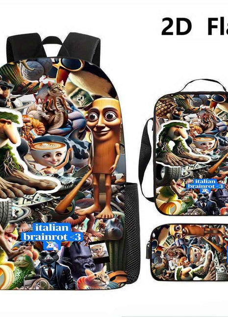 3pezzo Italian Brainrot 3 Set di zaini tematici - Zaino casual di grande capacità, borsa per matite e scatola per il pranzo con cinghie regolabili per le spalle, resistente e elegante per viaggi, pendolarismo, vacanze, ritorno a scuola, zaino per viaggi,