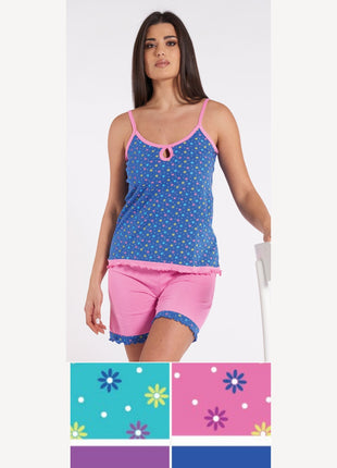 Vanue' Estate Pigiama Donna Corto Con Spalla Stretta Fantasia In Puro Cotone Art. Vs0120pb