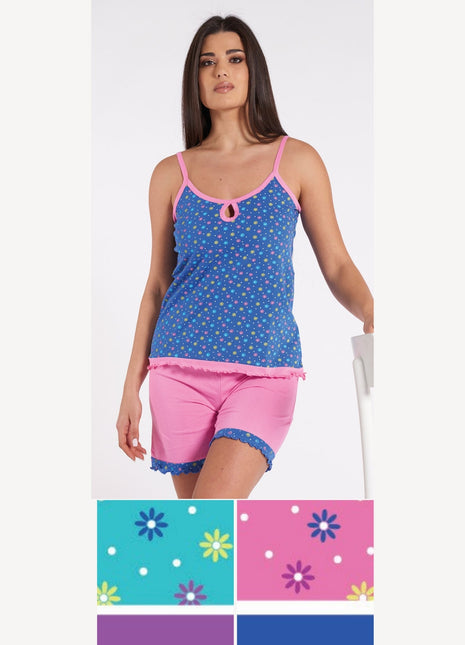 Vanue' Estate Pigiama Donna Corto Con Spalla Stretta Fantasia In Puro Cotone Art. Vs0120pb