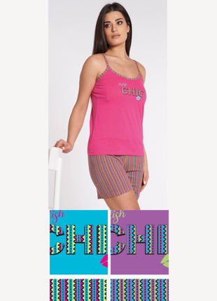 Vanue' Estate Pigiama Donna Corto Spalla Stretta In Puro Cotone Con Stampa Art. Vs0153pb