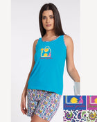 Vanue' Estate  Pigiama Donna Corto Con Spalla Larga In Puro Cotone Con Stampa Art. Vs0169