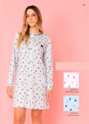 Irge Primavera Camicia Da Notte Lunga Calibrata Aperta Avanti Fantasia In Jersey Di Puro Cotone  Art. Cd190