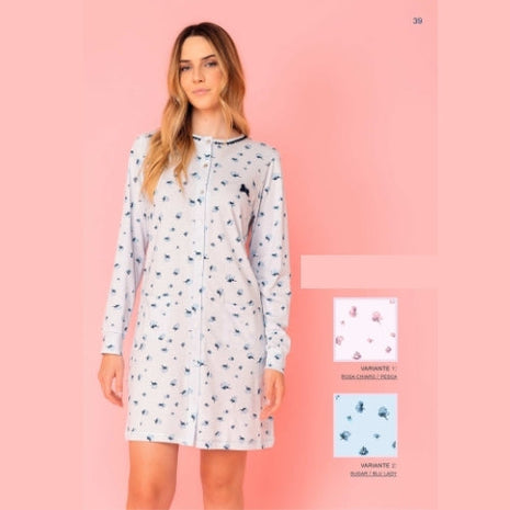 Irge Primavera Camicia Da Notte Lunga Calibrata Aperta Avanti Fantasia In Jersey Di Puro Cotone  Art. Cd190