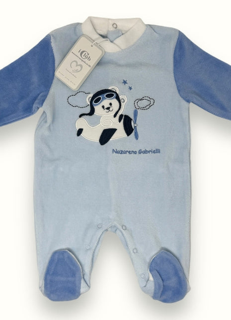 Nazareno Gabrielli - Tutina Baby Maschietto In Morbida Ciniglia -di Cotone- Con Applicazione  Art. Ng620-14