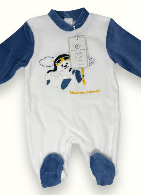 Nazareno Gabrielli - Tutina Baby Maschietto In Morbida Ciniglia -di Cotone- Con Applicazione  Art. Ng620-14