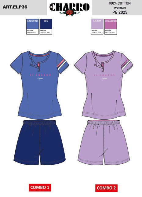 El Charro Estate Pigiama Donna Serafino Corto Mezza Manica Puro Cotone Con Stampa  Art. Elp33