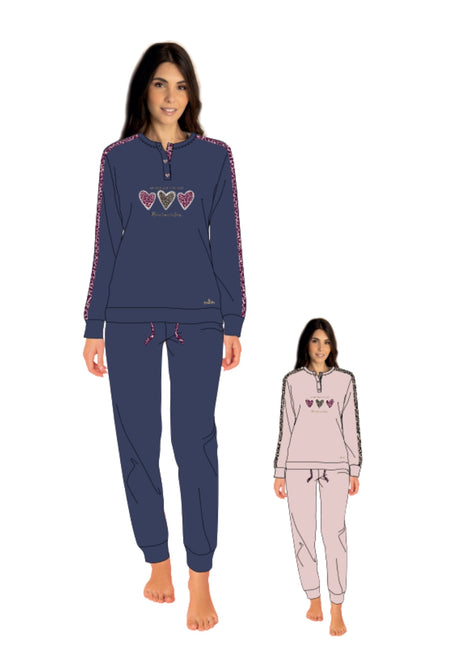You & Me Inverno Pigiama Donna Serafino 3 Bottoni Tinta Unita In Caldo Cotone Con Stampa Art. Ymi720