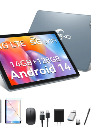 Tablet 10 inch 2025 Latest Android 14 Tablet with 128GB Rom+14GB Ram+2TB Expand 4G Cellular Tablets with Dual Sim Slot 2 in 1 Tablet with Case/Keyboard/Mouse 5G Wifi Octa-Core GPS 8000mAh (Grey) - Riparo82