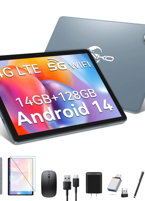 Tablet 10 inch 2025 Latest Android 14 Tablet with 128GB Rom+14GB Ram+2TB Expand 4G Cellular Tablets with Dual Sim Slot 2 in 1 Tablet with Case/Keyboard/Mouse 5G Wifi Octa-Core GPS 8000mAh (Grey) - Riparo82