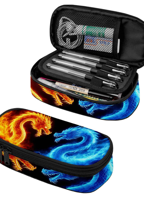 Portapenne Dual Dragons - Design Drago di Fuoco e Ghiaccio con Scomparto a Cerniera, Astuccio Resistente per Materiale Scolastico, Viaggi, Ragazze e Ragazzi Adolescenti