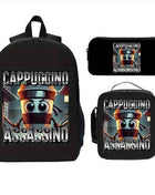 Set di tre borse scolastiche Cappuccino Assassino con design Ninja compatto, resistente, carino, in stile cartone animato, comprensivo di zaini, borse pranzo, astucci per matite, adatto per portare quando si esce - un set di borse scolastiche in questo st