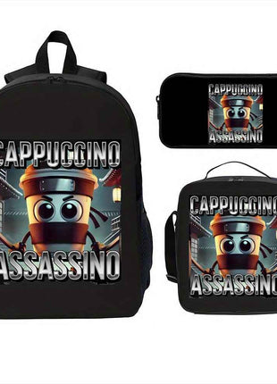 Set di tre borse scolastiche Cappuccino Assassino con design Ninja compatto, resistente, carino, in stile cartone animato, comprensivo di zaini, borse pranzo, astucci per matite, adatto per portare quando si esce - un set di borse scolastiche in questo st